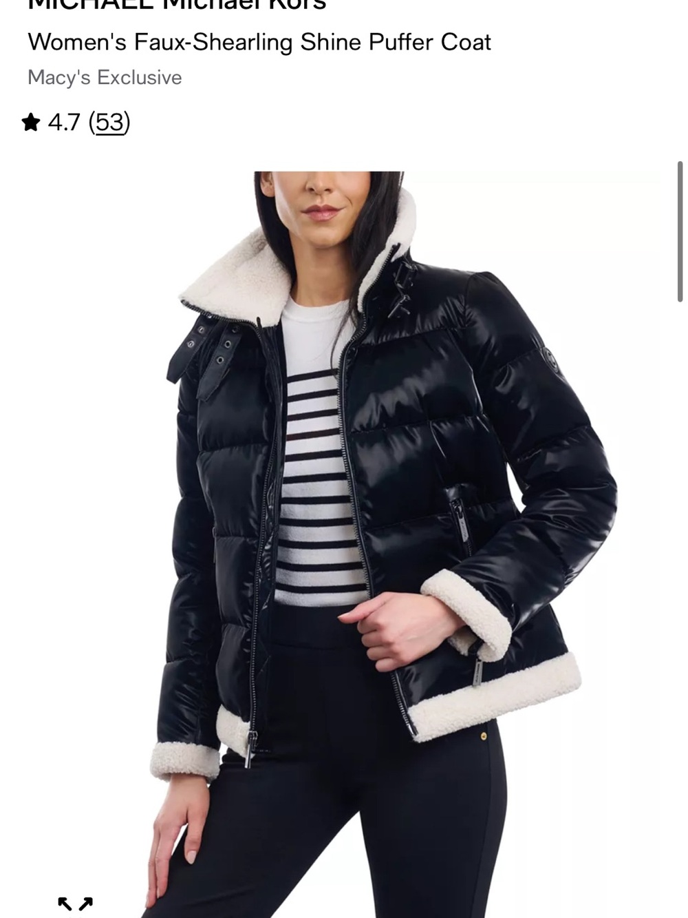 MICHAEL Michael Kors Black Puffer Coat with Cream Faux-Shearling Trim Size Med